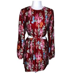 NWT WAYF Mini Dress Floral Print Pleated Side/ Waist Cutouts Long-sleeve Medium